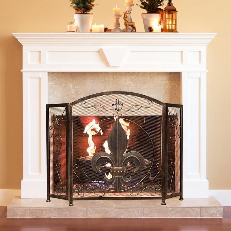 BestGiftEver 3-Panel Fireplace Screen Decorative with Fleur De Lis Design Vintage Golden Bronze Tone - Stand Alone Decorative Wrought Iron Mesh French Royal Style Fireplace Cover, Classic Home Decor
