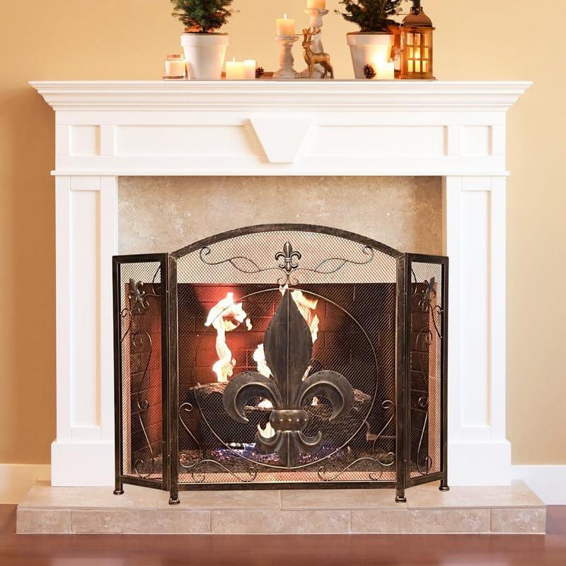 BestGiftEver 3-Panel Fireplace Screen Decorative with Fleur De Lis Design Vintage Golden Bronze Tone - Stand Alone Decorative Wrought Iron Mesh French Royal Style Fireplace Cover, Classic Home Decor