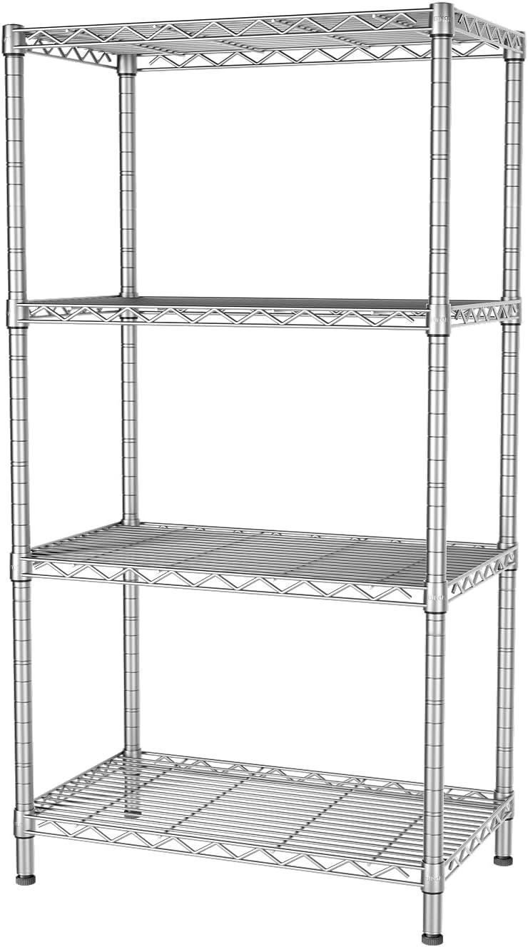 Silver Adjustable 4-Tier Wire Shelving Unit for Kitchen and Office