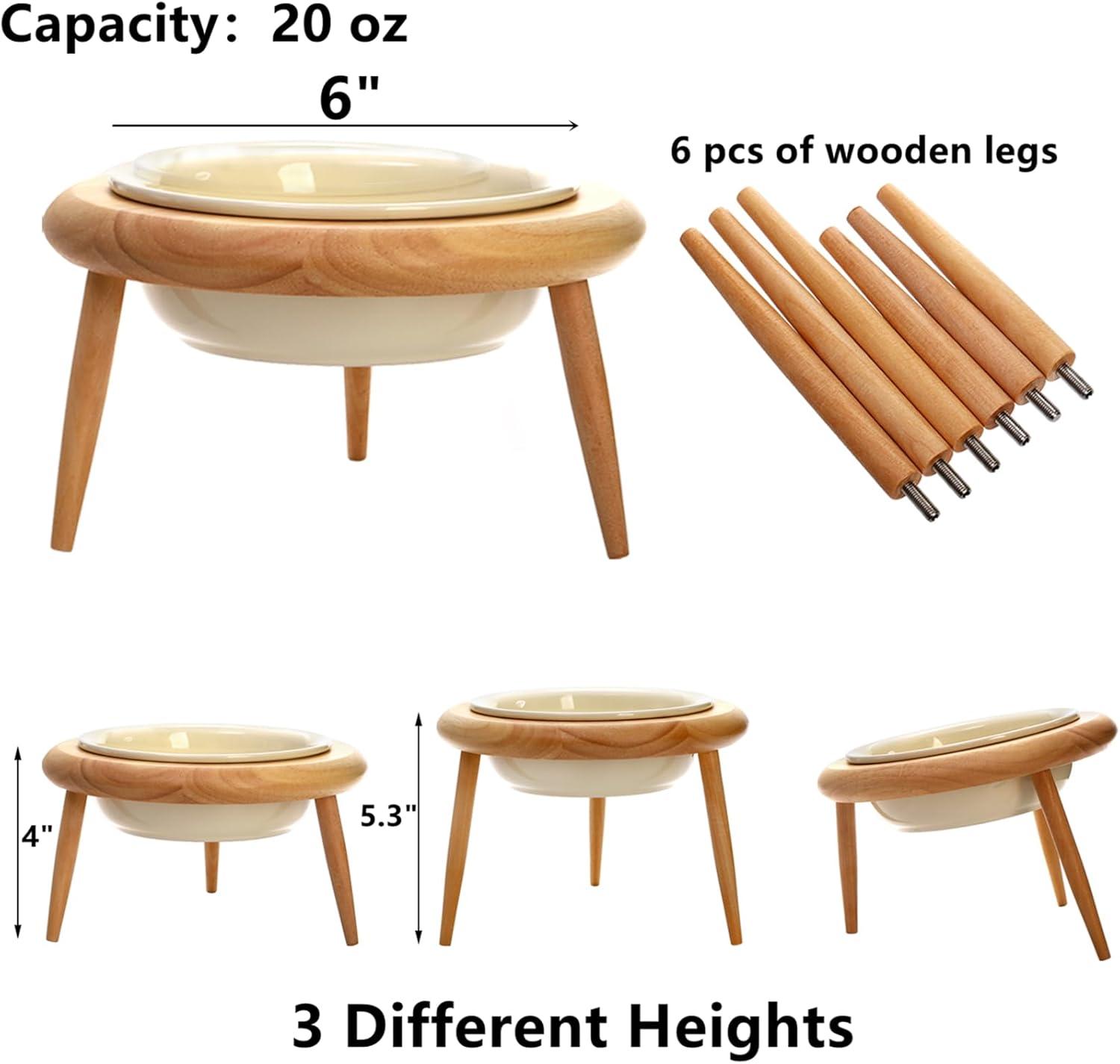 DEAYOU Ceramic Cat Bowl Adjustable, Tilted Elevated Raised Dish, No Spill Food Water Feeder, Slanted Dog Bowl with Wood Stand for Kitty, Supplies, Stress Free, 600 ML/20 OZ, Cream White C49