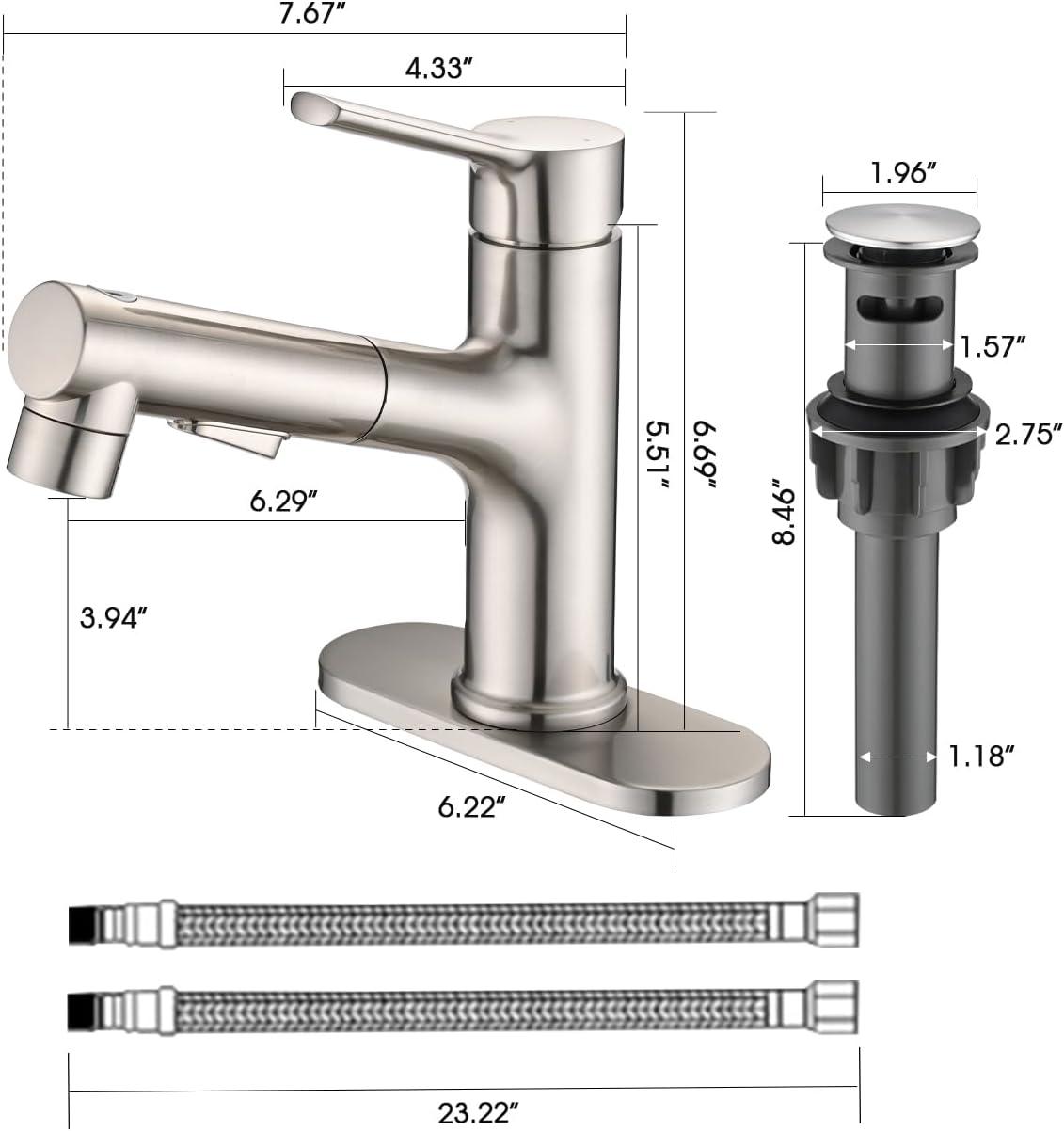 Single Handle 1 or 3-Hole Bathroom Faucet with Deckplate Included and Pull Out Sprayer in Brushed Gold