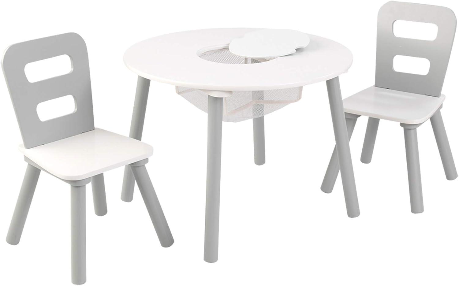 KidKraft Wooden Kids Round Storage Table & 2 Chair Set, Gray & White