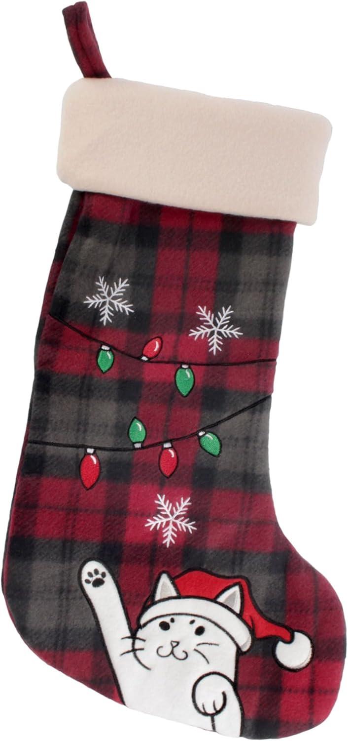 18" Red Plaid Hand Embroidered Cat Christmas Stocking