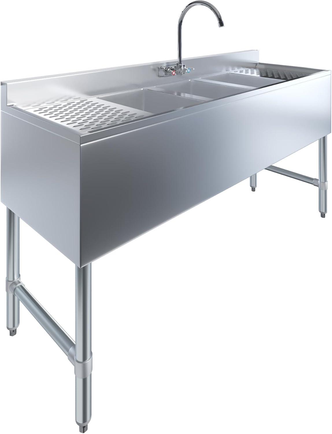 3 Compartment Under Bar Sink With 12″ Left and Right Drainboards and Faucet – 60″ X 18 3/4″