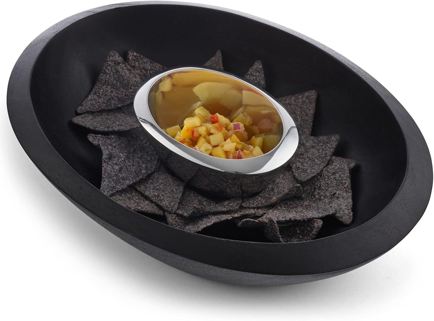 Nambe - Noir Collection Dark Stained Acacia Wood Chip & Dip Serving Bowl with Nambe Alloy Dip Bowl #MT1468