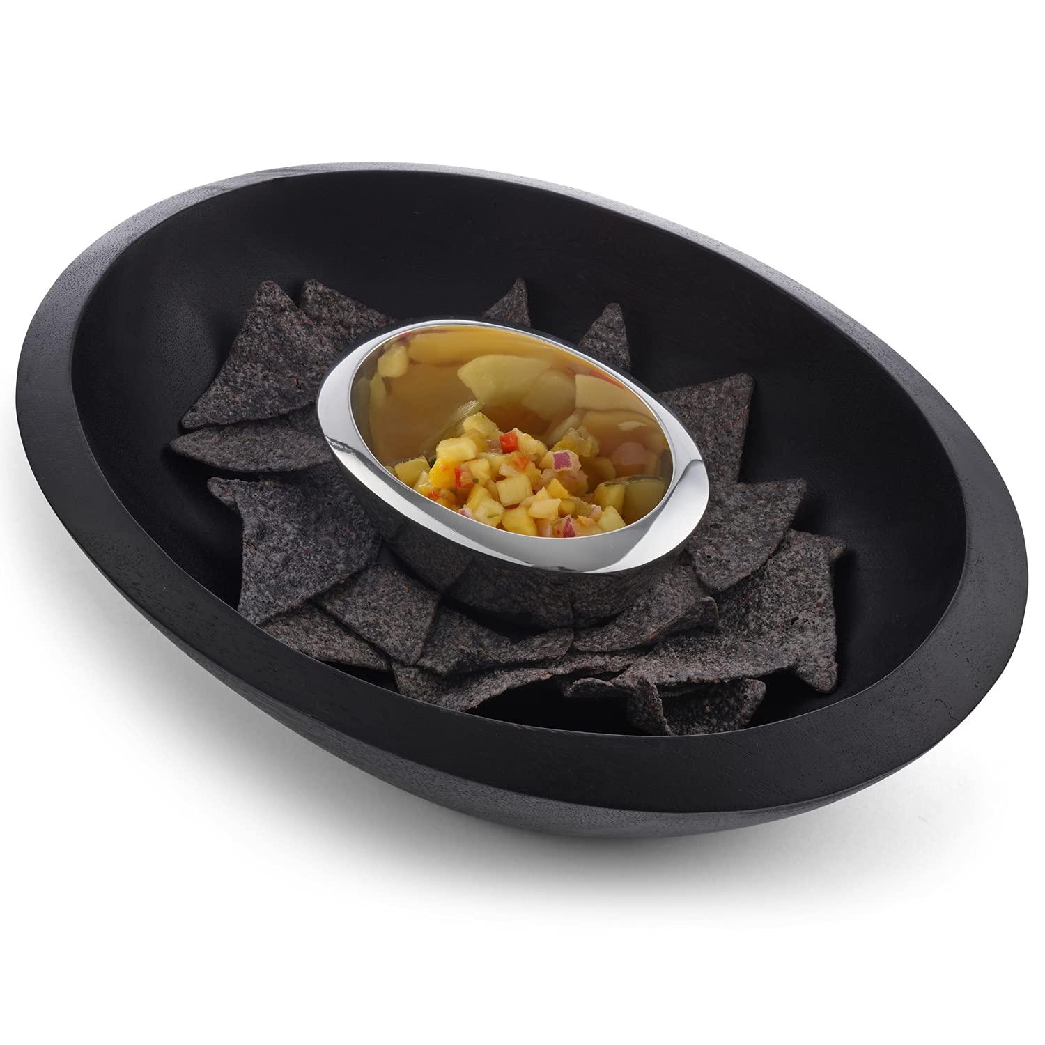 Nambe - Noir Collection Dark Stained Acacia Wood Chip & Dip Serving Bowl with Nambe Alloy Dip Bowl #MT1468