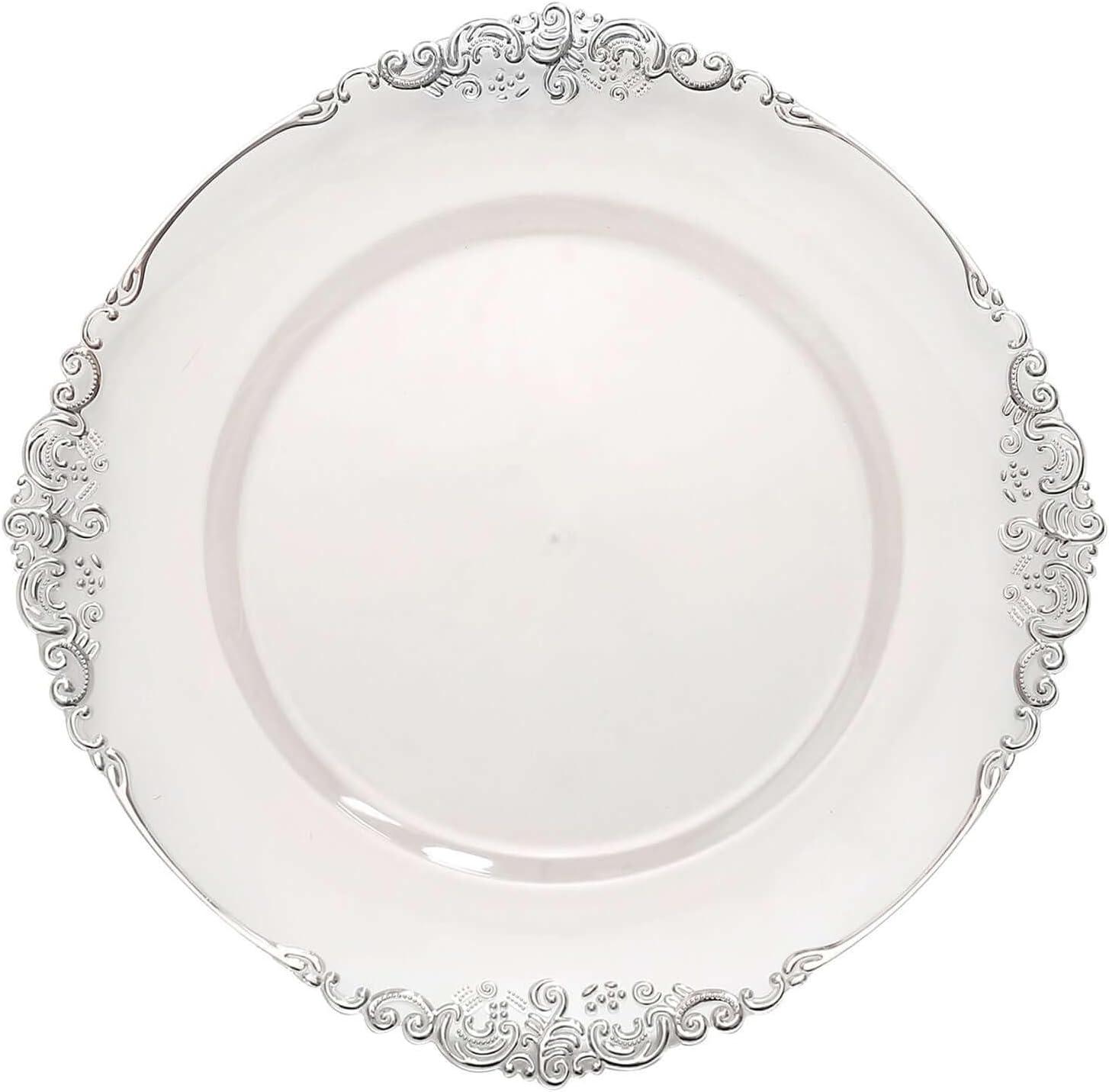 Clear and Silver Embossed Rim 13" Round Charger Plates Set