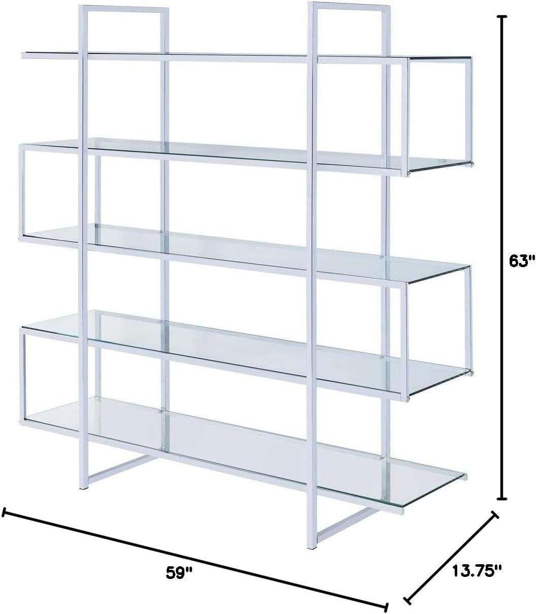 63" Contemporary 5 Shelf Zig Zag Bookcase with Glass Shelves Chrome - Coaster