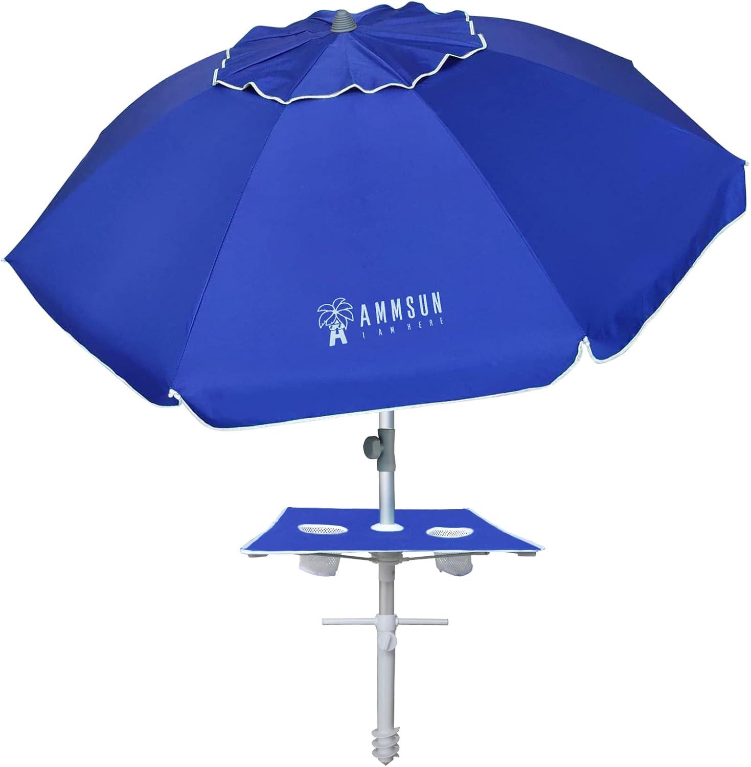 Blue 7ft Round Beach Umbrella with Aluminum Pole and Built-in Table