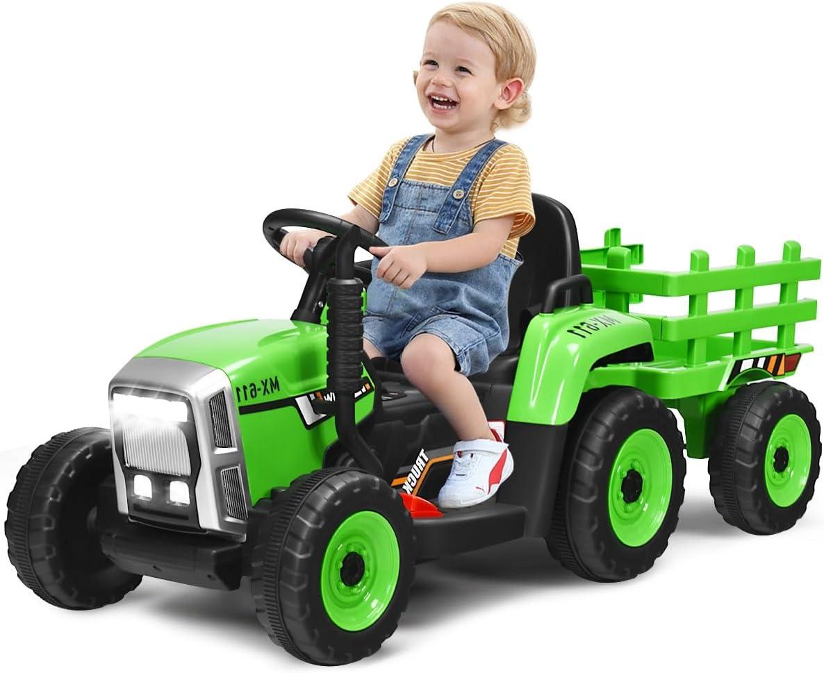 Green 12V Kids Ride-On Tractor with Trailer and Remote Control