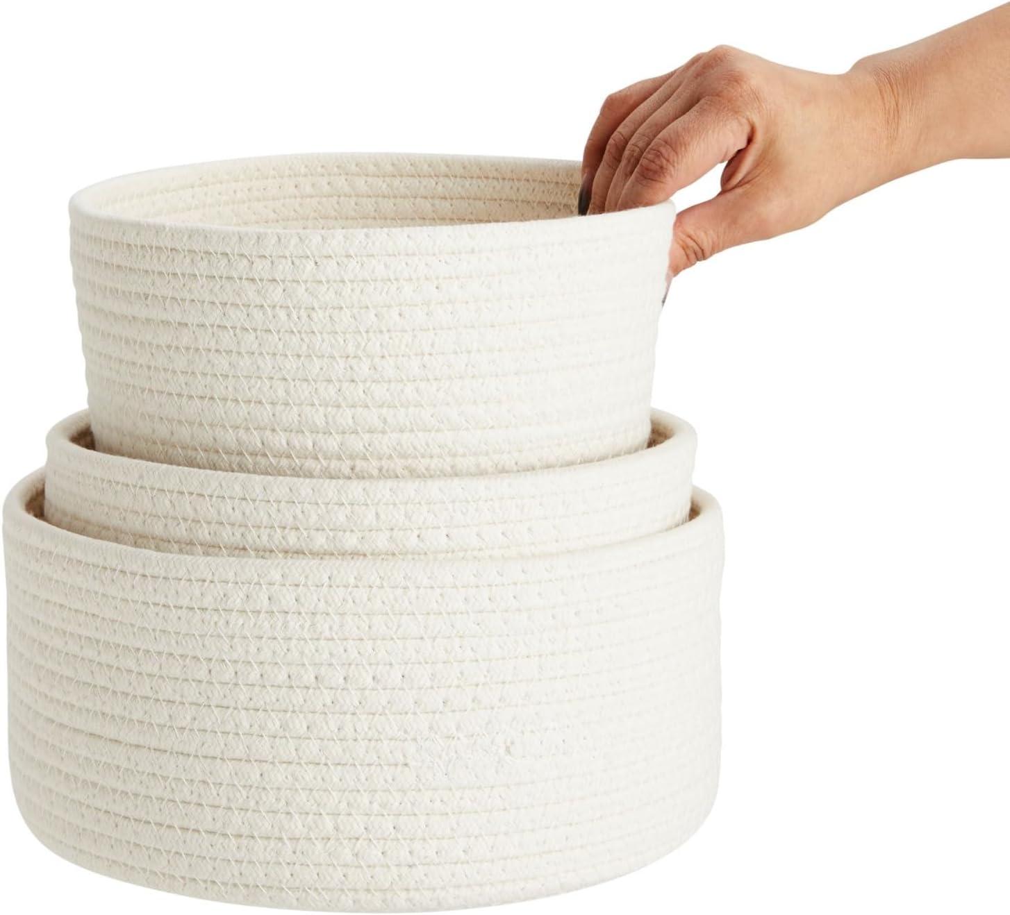 Farmlyn Creek 3-Pack Round Cotton Woven Baskets for Storage, White Home Organizers (3 Sizes)