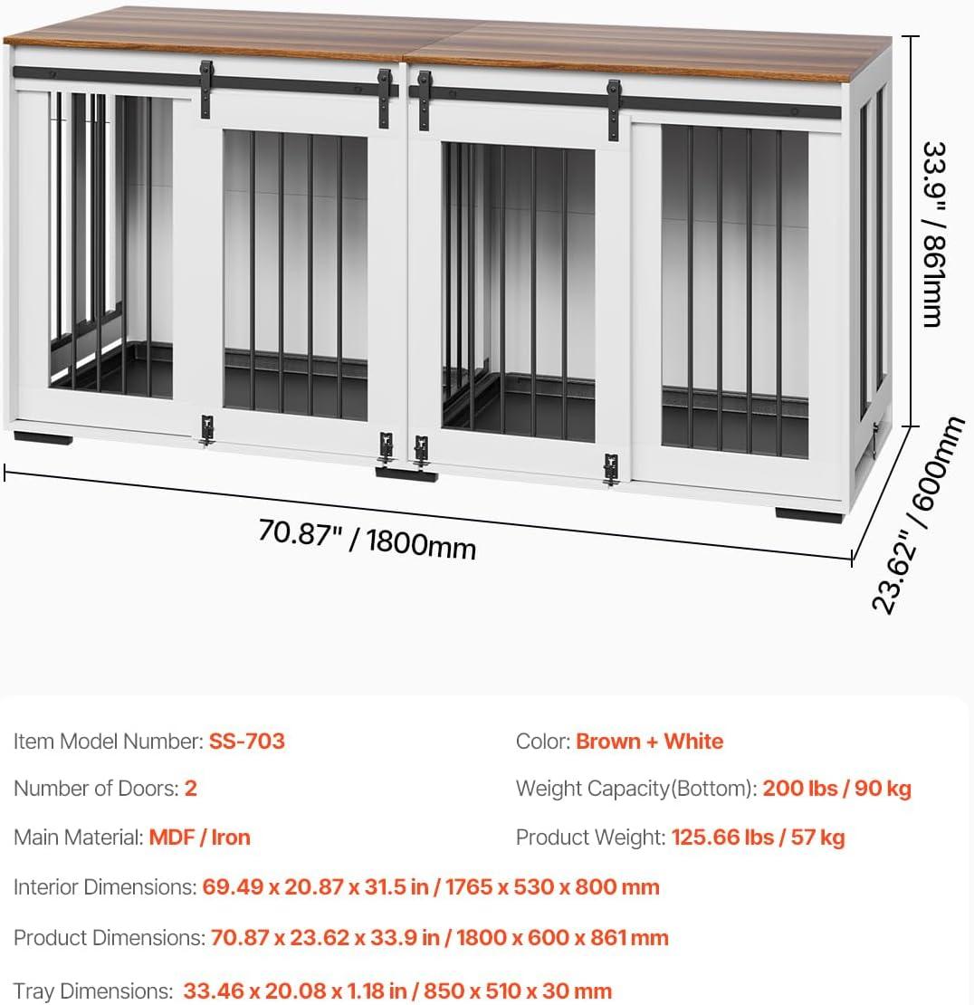 VEVOR 72"Dog Crate Furniture for 2 Dogs,Double Dog Crate Furniture with Double Sliding Doors,Large Dog Crate TV Stand with Removable Tray,Steel Frame Double Dog Crate for Small,Medium,Large Dogs White