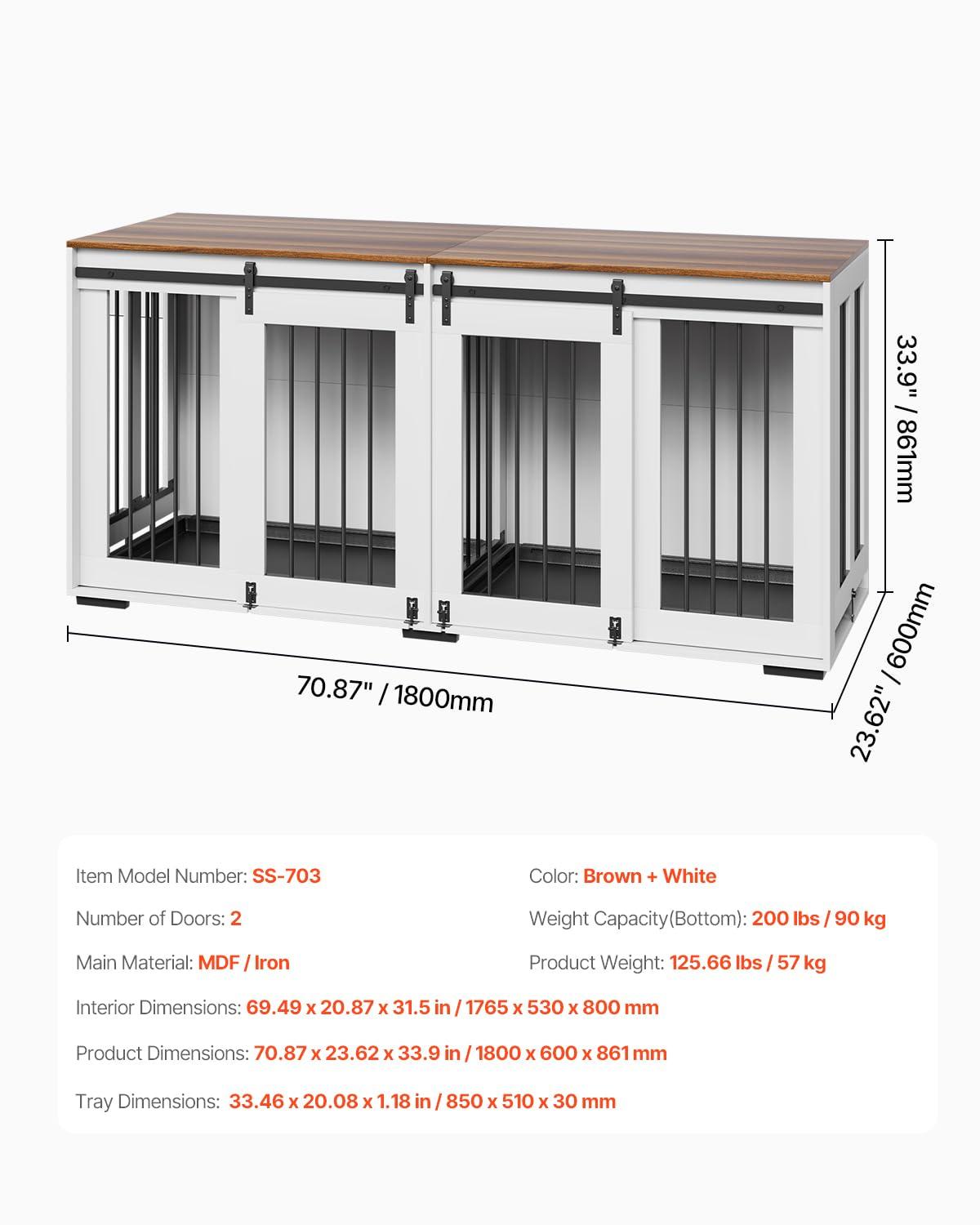 VEVOR 72"Dog Crate Furniture for 2 Dogs,Double Dog Crate Furniture with Double Sliding Doors,Large Dog Crate TV Stand with Removable Tray,Steel Frame Double Dog Crate for Small,Medium,Large Dogs White