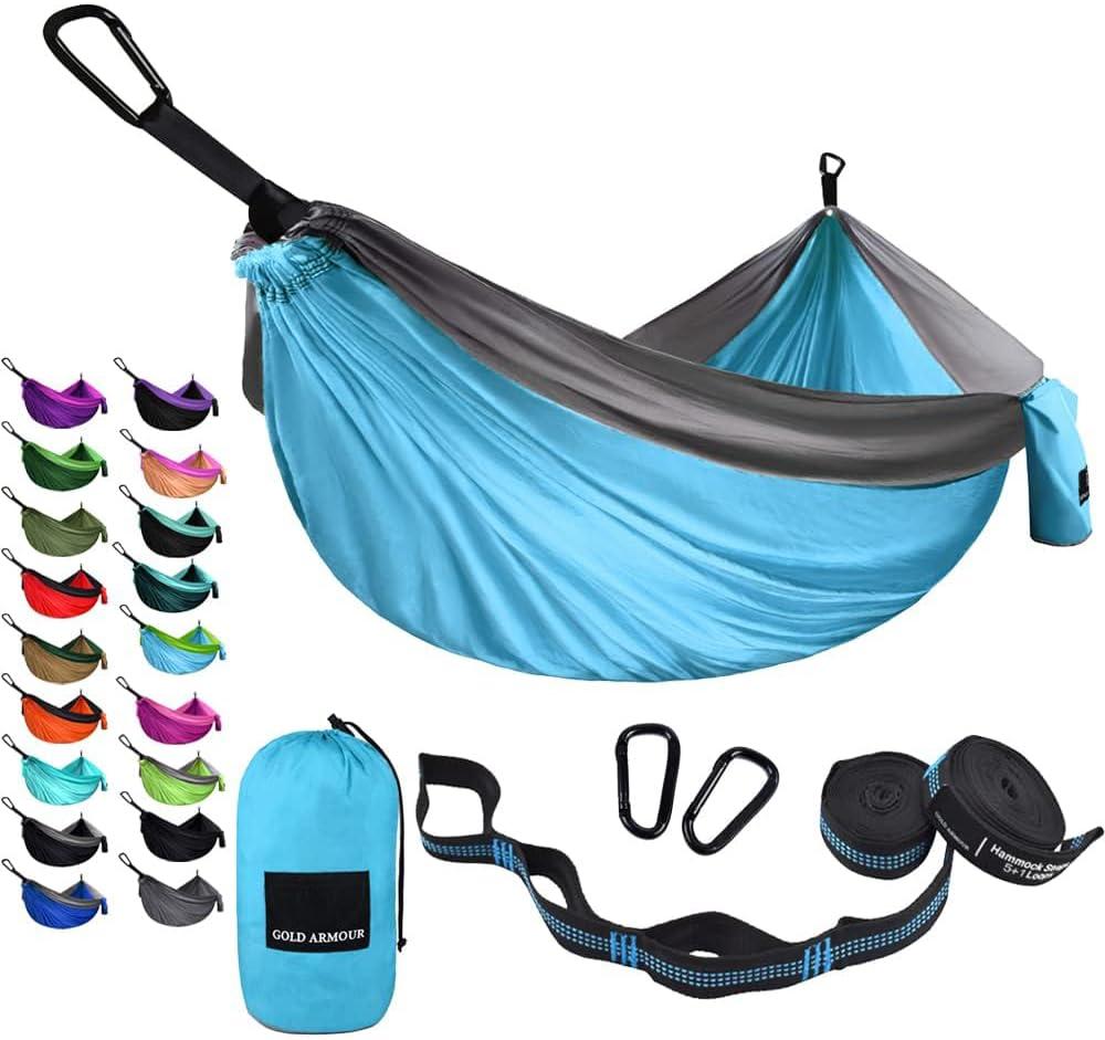 Sky Blue and Gray Single Parachute Nylon Camping Hammock