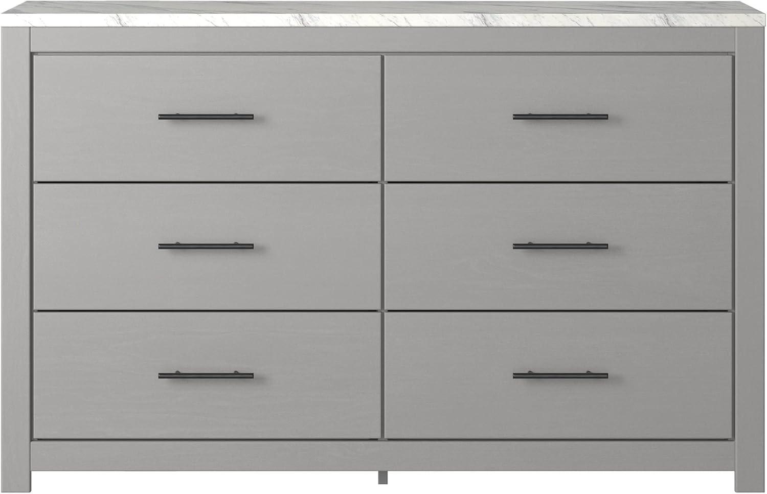 Gray Six-Drawer Dresser with Faux Marble Top