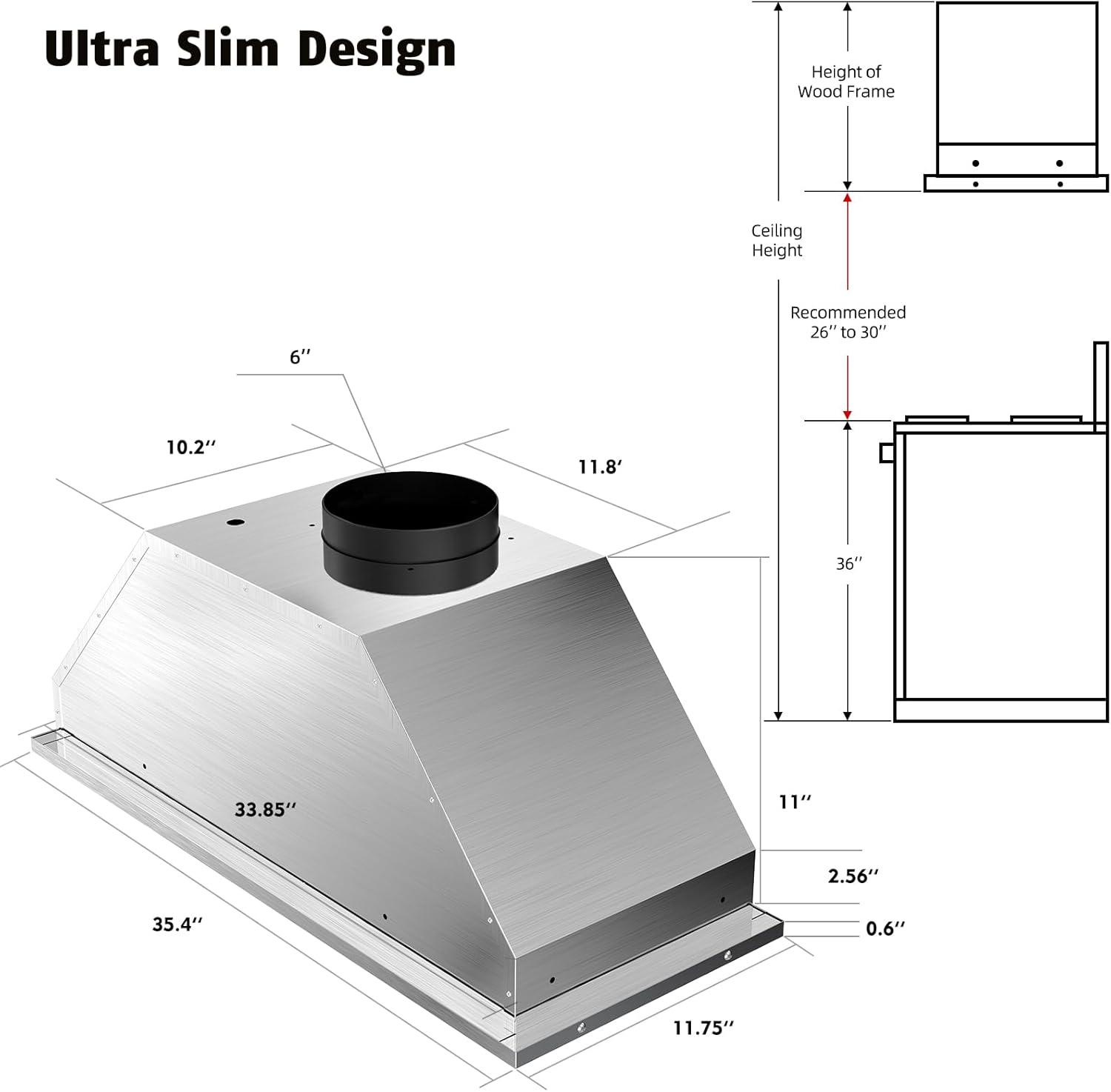 36-Inch Stainless Steel Convertible Insert Range Hood with LED Lights