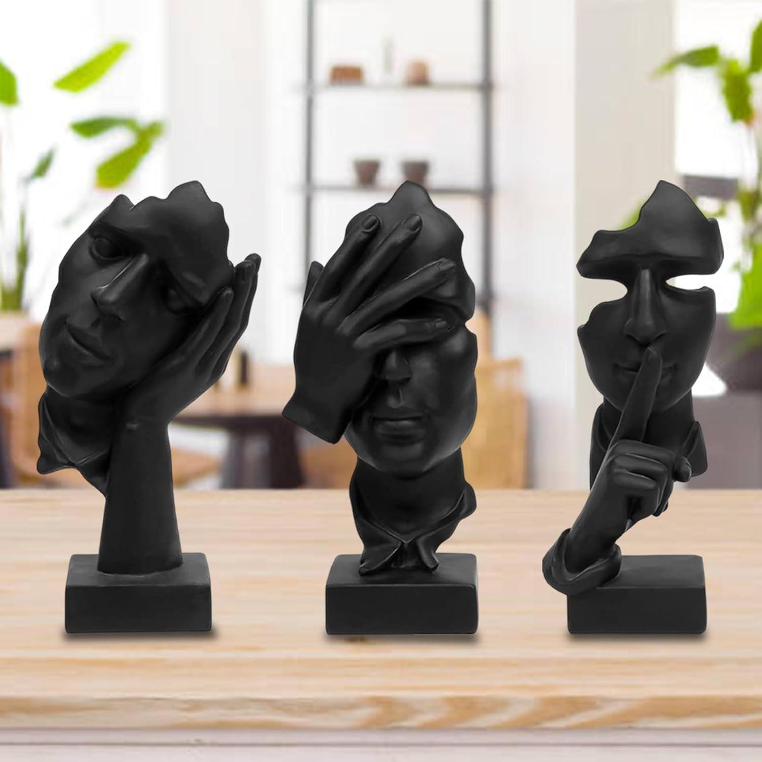 aboxoo 3 Pcs Thinker Statue, Silence is Gold Abstract Art Figurine, No Hear No See No Speak Modern Home Resin Sculptures Decorative Objects Modern Decor for Creative Room Home, Office Study (White)