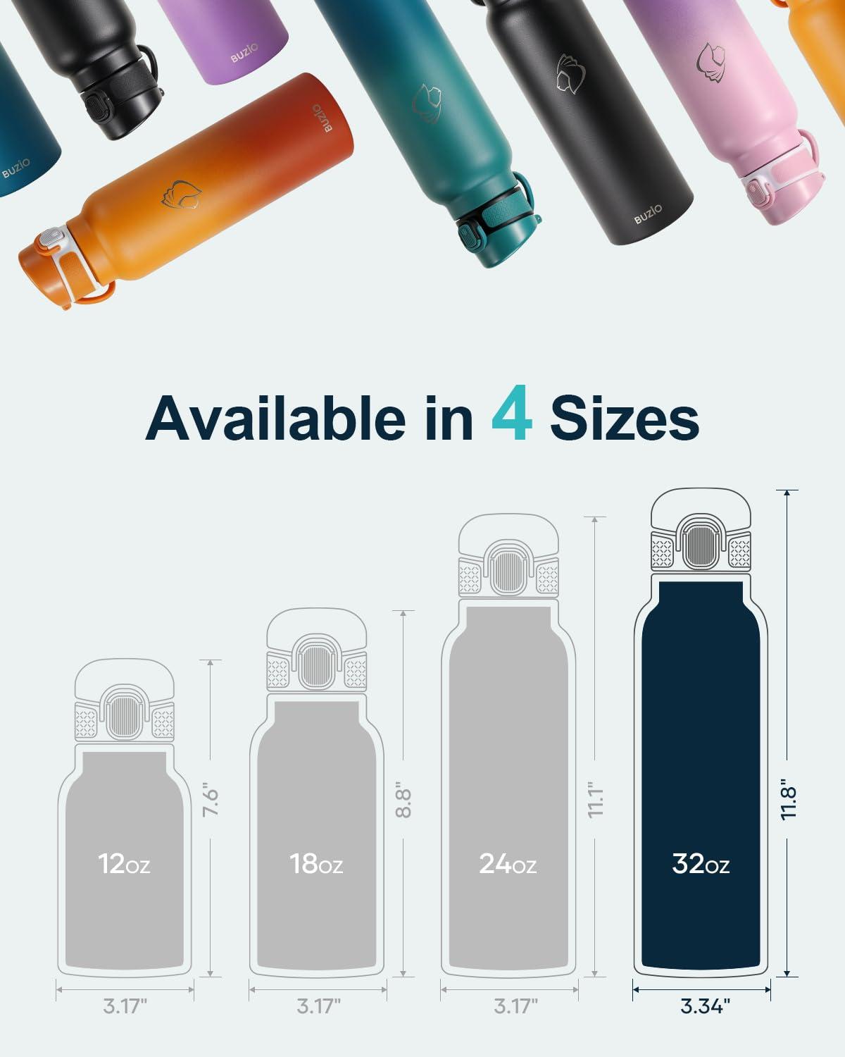 Buzio 32 oz Insulated with Straw & Brush Vaccum Stainless Steel Metal 3 Lids Water Flask for Sports, Gym or Office Keep Cold 48H Hot 24H，Pacific Prince