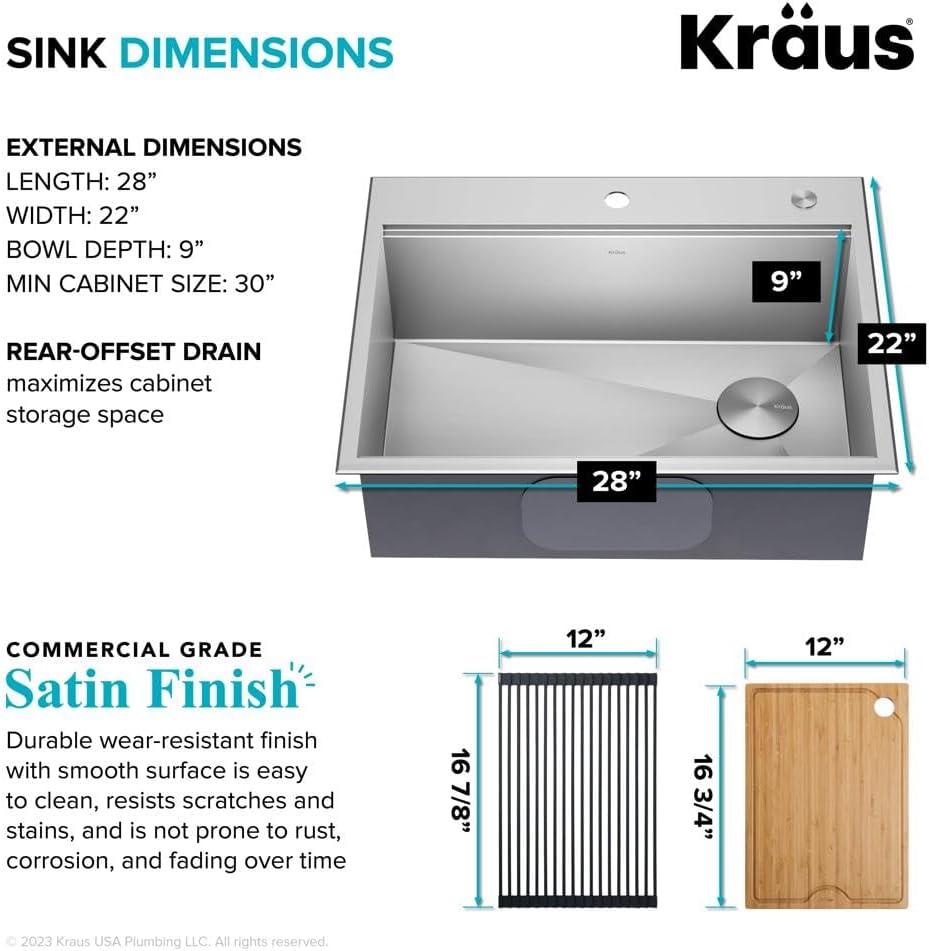 KRAUS Kore Drop-In Workstation 16 Gauge Stainless Steel Single Bowl Kitchen Sink with Accessories