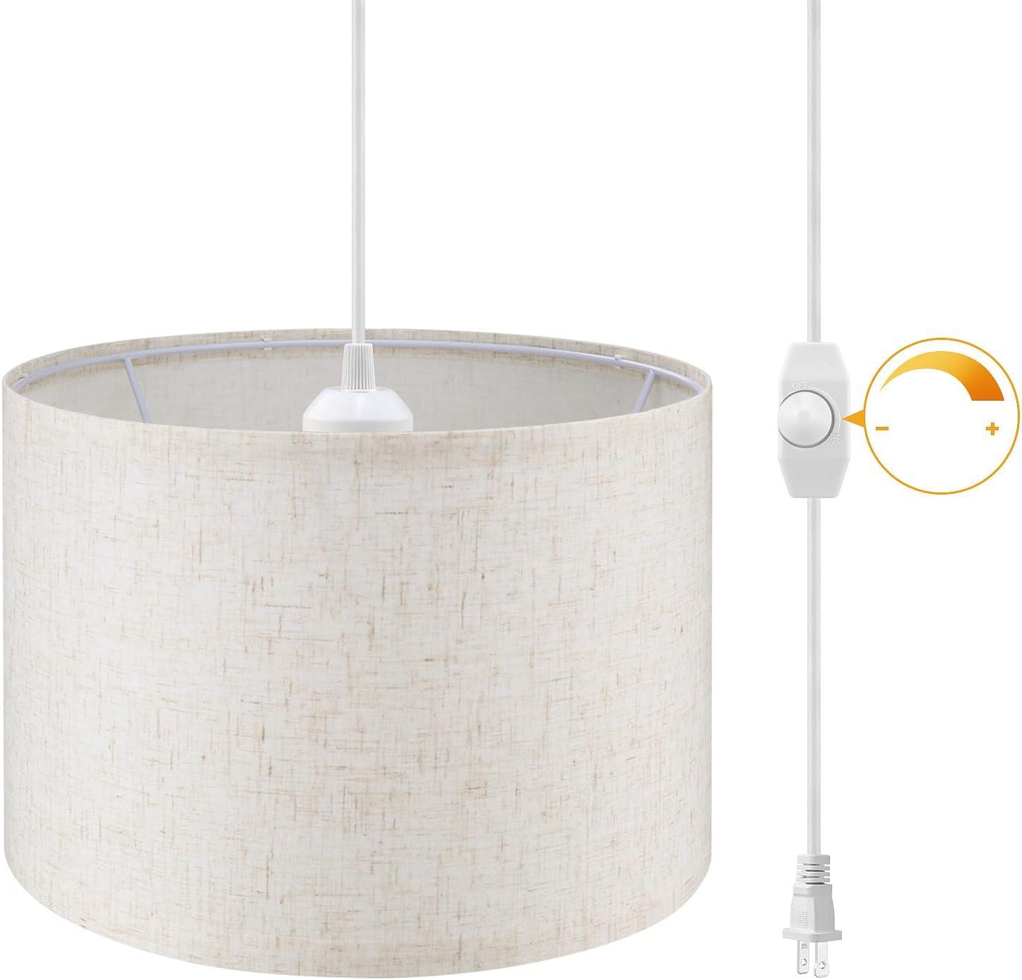 Beige Linen Drum Pendant Light with 15ft Cord and Switch