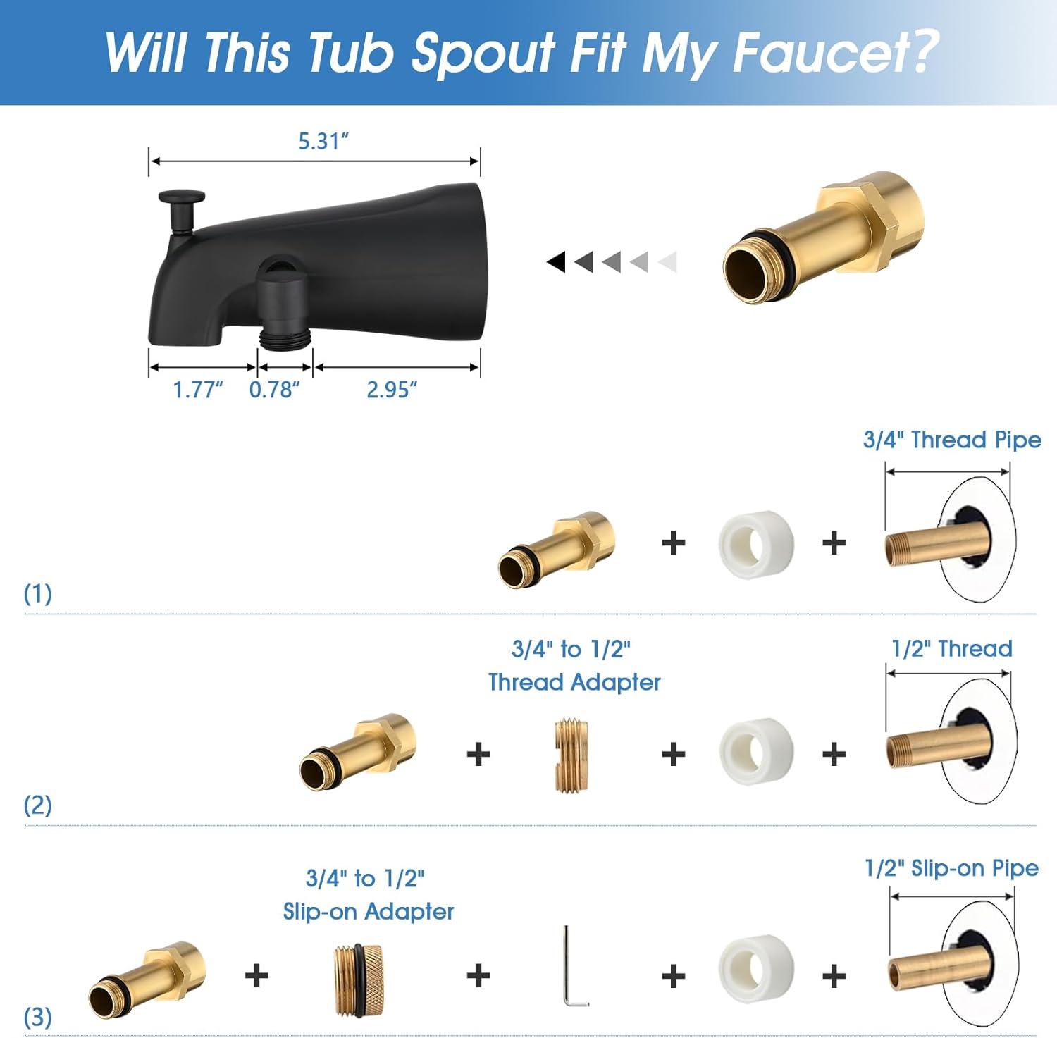 All Metal Tub Spout with Diverter Matte Black, Fits Threaded 1/2" or 3/4" IPS, Tub Faucet with Shower Diverter