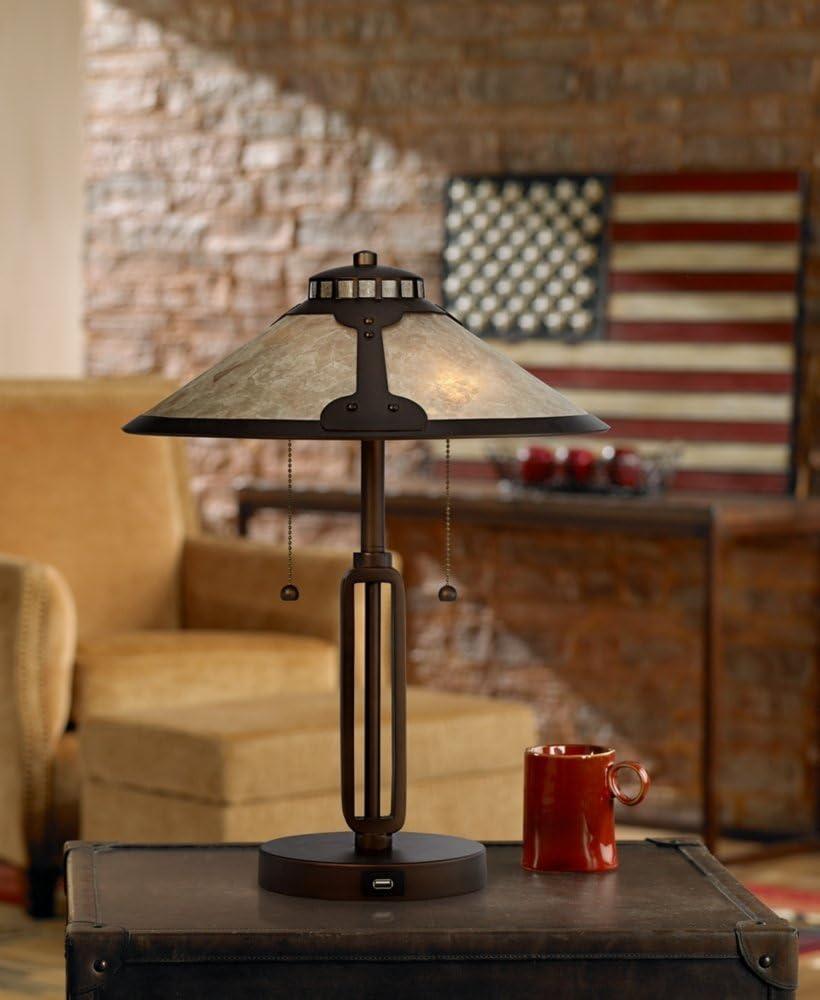 Franklin Iron Works Samuel Industrial Desk Lamp 20" High Rubbed Bronze with USB Charging Port Natural Mica Shade for Bedroom Living Room Bedside Desk