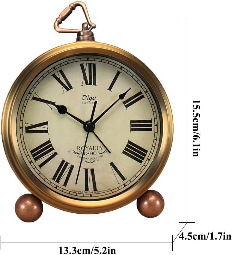 Maxspace Metal Golden Table Clock, Retro Vintage Non-Ticking Small Alarm Clock,Battery Operated Silent Quartz Movement HD Glass Desk Clock for Bedroom Living Room Indoor Decoration Kids… (Roman2)