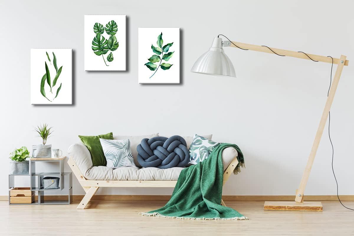 Green Leaves Botanic Canvas Wall Art Abstract Watercolor Pictures for Living Room Bedroom Wall Decor 3 Pieces Modern Stretched Artwork for Bathroom Decor