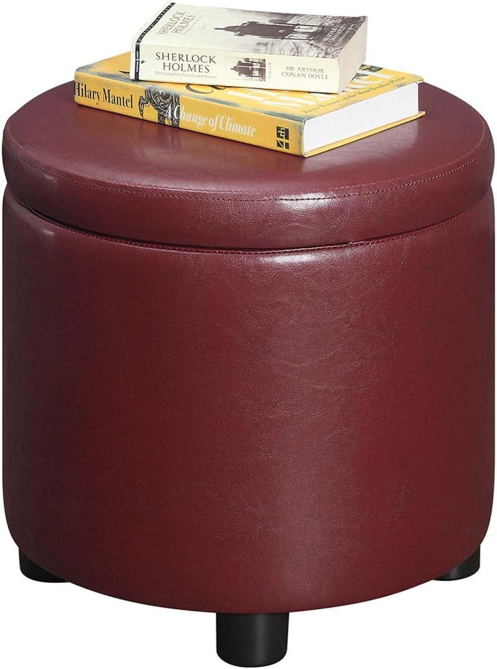 Designs4Comfort Round Accent Storage Ottoman with Reversible Tray Lid, Burgundy Faux Leather