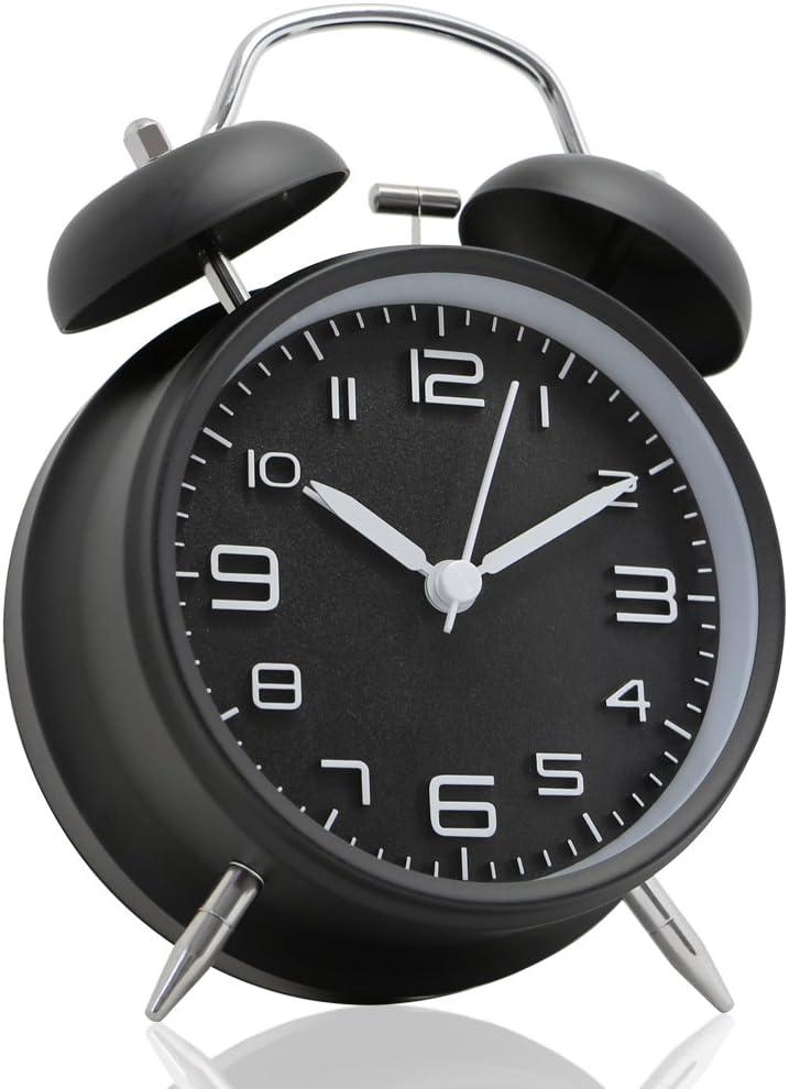 Midnight Black Metal Twin Bell Alarm Clock with Backlight