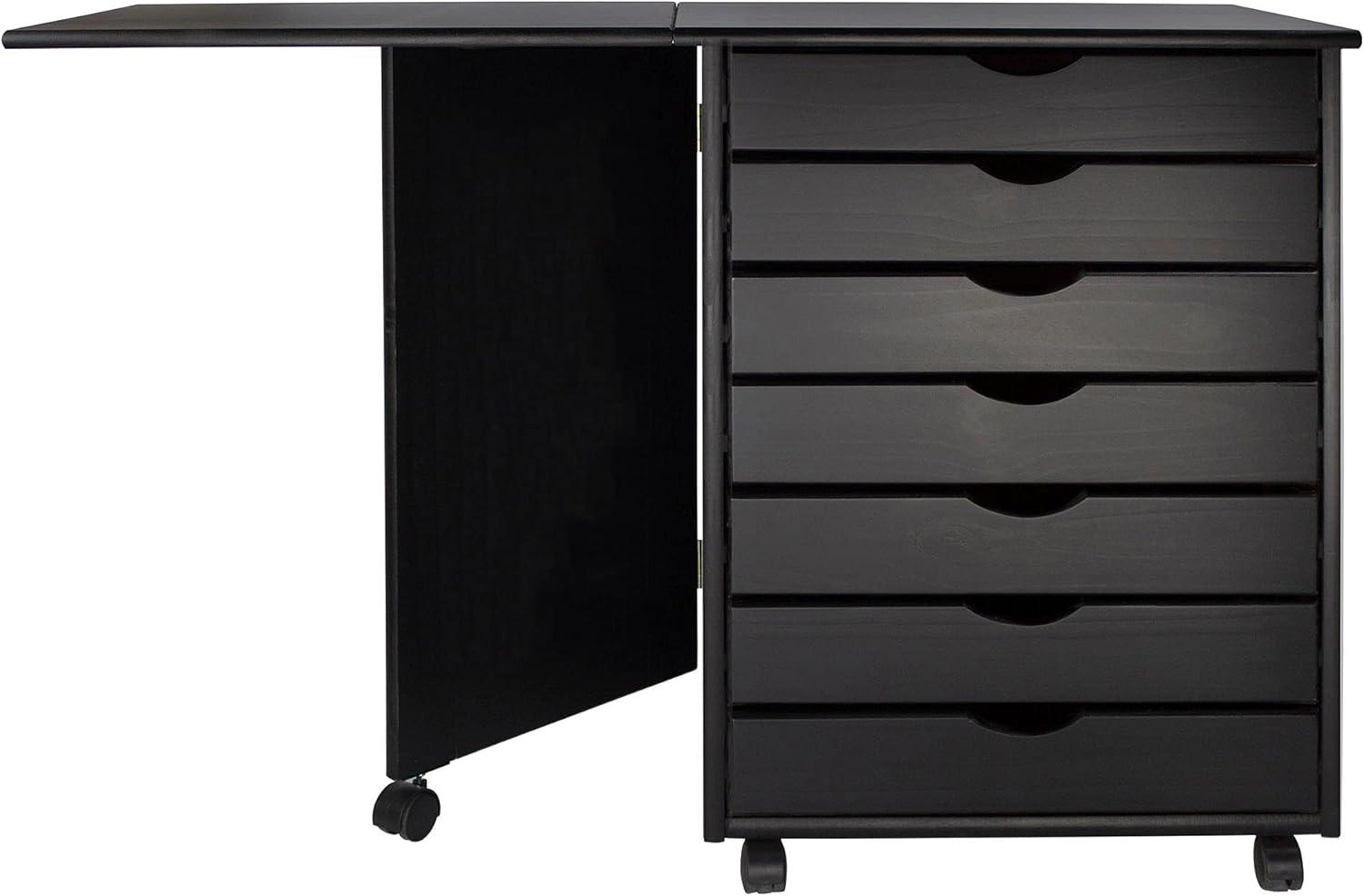 Black Solid Wood 7-Drawer Drop Leaf Roll Cart Desk