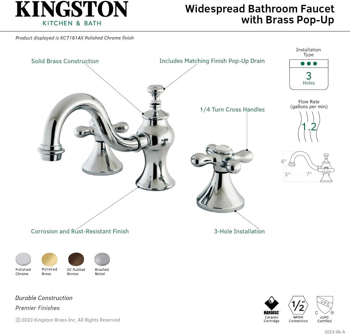 Kingston Brass Vintage Two-Handle 3-Hole Deck Mount Widespread Bathroom Faucet with Brass Pop-Up Drain