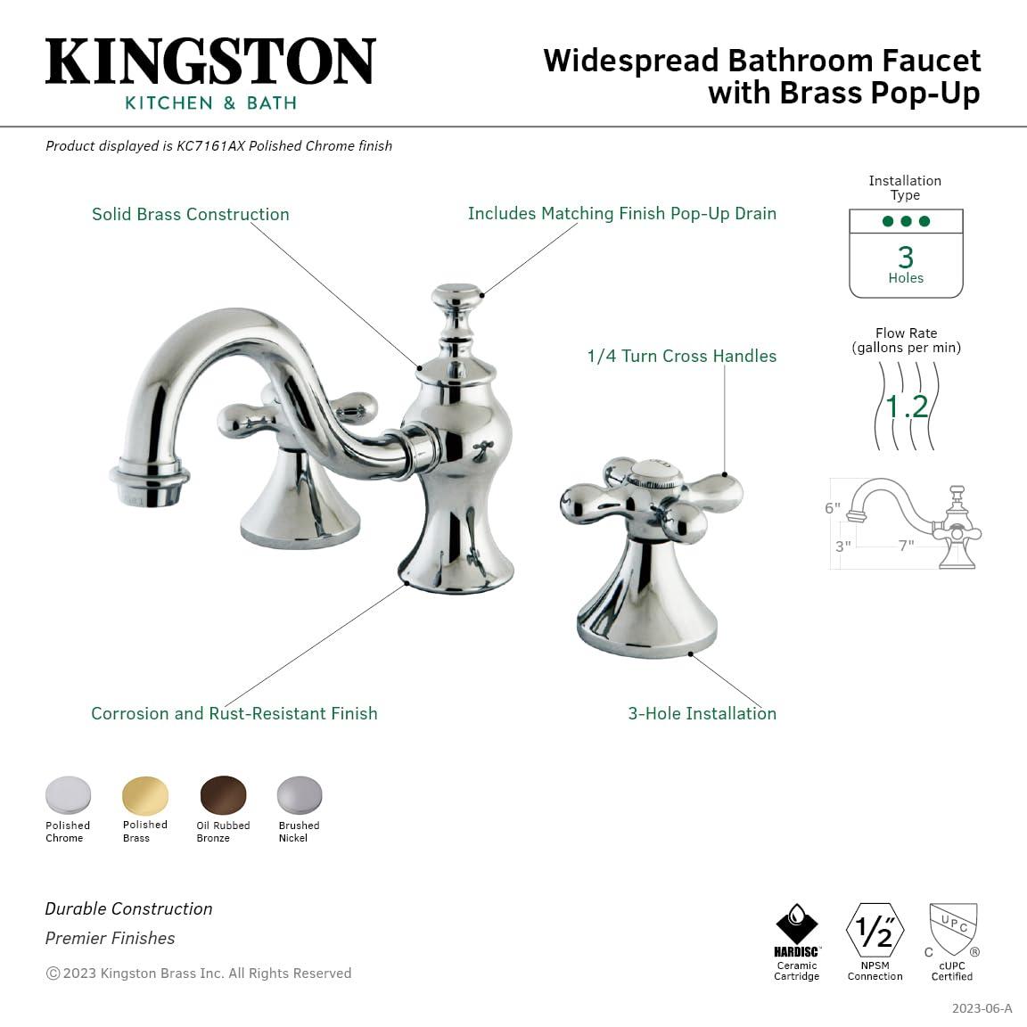 Kingston Brass Vintage Two-Handle 3-Hole Deck Mount Widespread Bathroom Faucet with Brass Pop-Up Drain