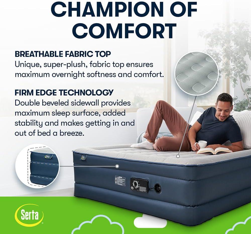 Queen Blue and Gray Raised Air Mattress with Built-in Pump