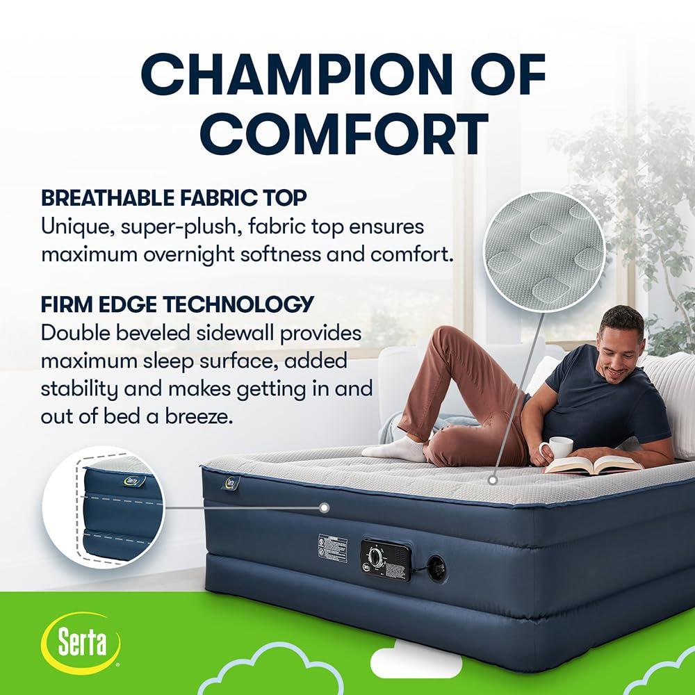 Queen Blue and Gray Raised Air Mattress with Built-in Pump