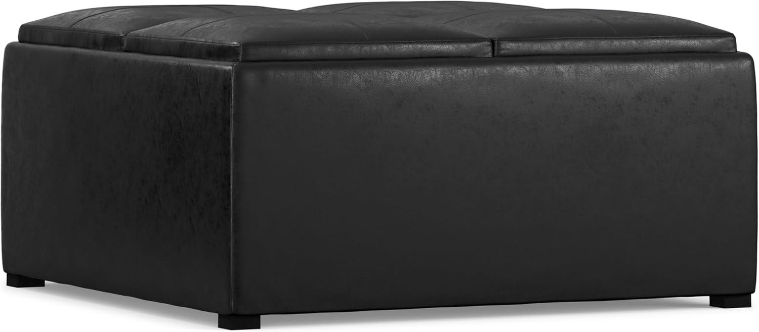 Simpli Home Avalon 35"W Upholstered Square Coffee Table Storage Ottoman with Flip-Over Trays