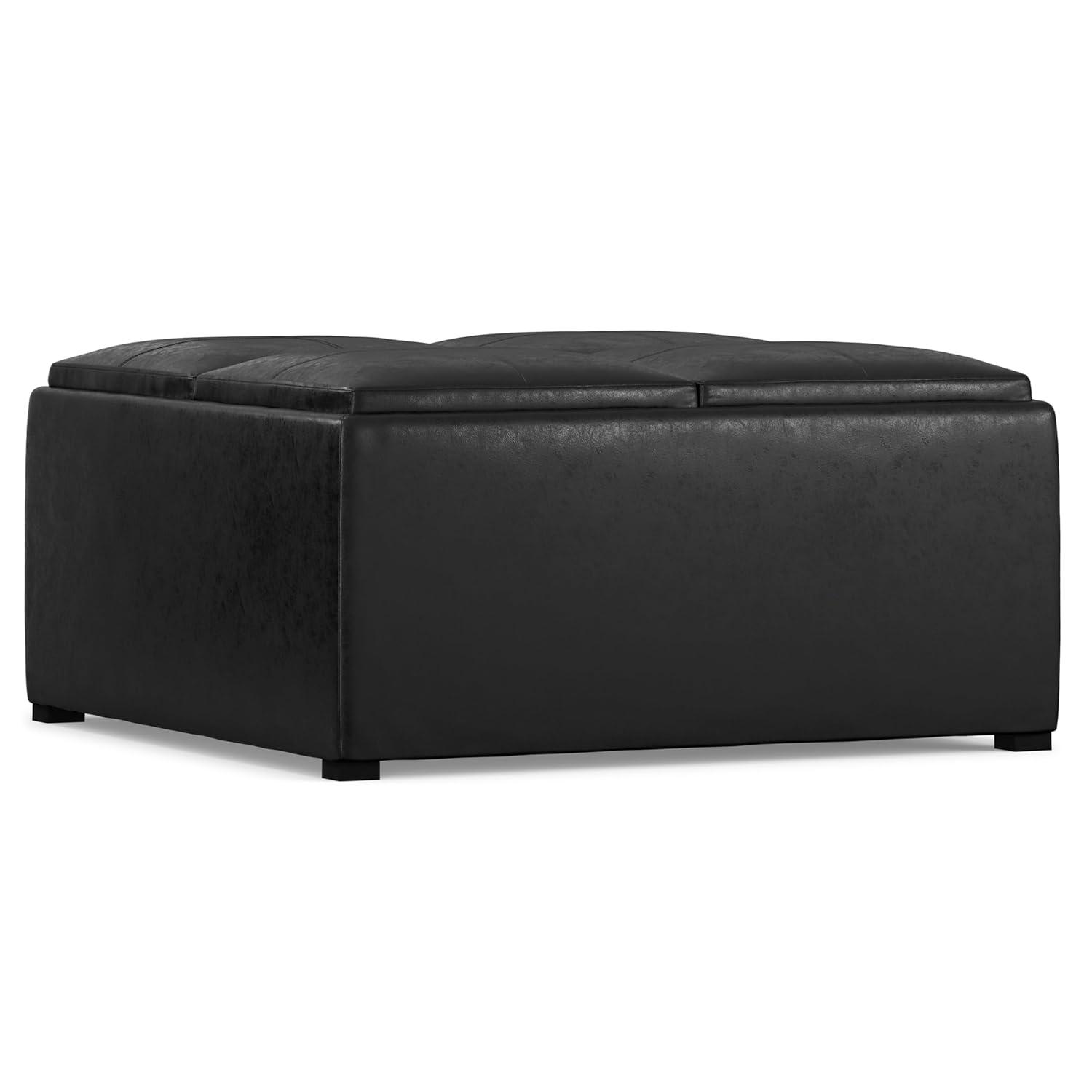 Simpli Home Avalon 35"W Upholstered Square Coffee Table Storage Ottoman with Flip-Over Trays