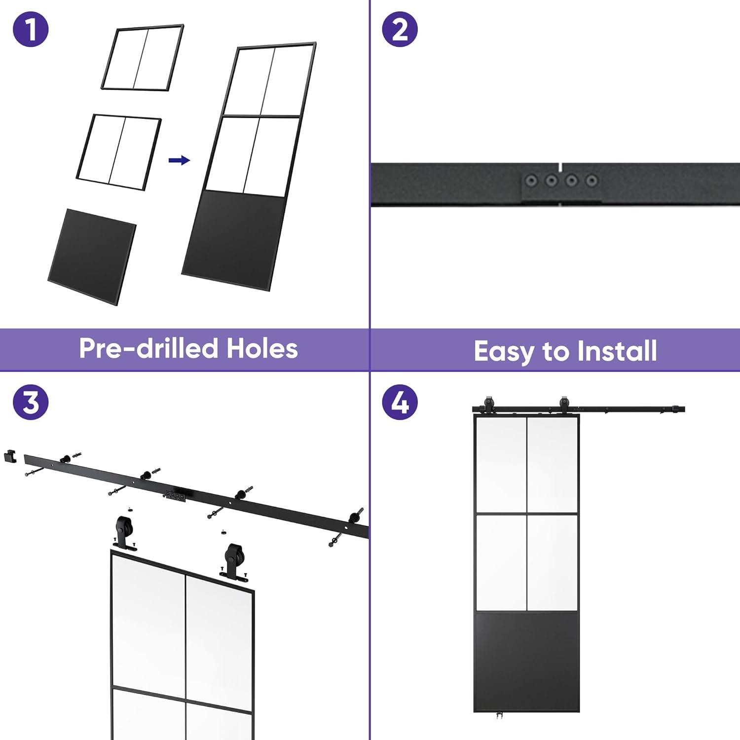 Black Aluminum and Frosted Glass Sliding Barn Door with Hardware Kit