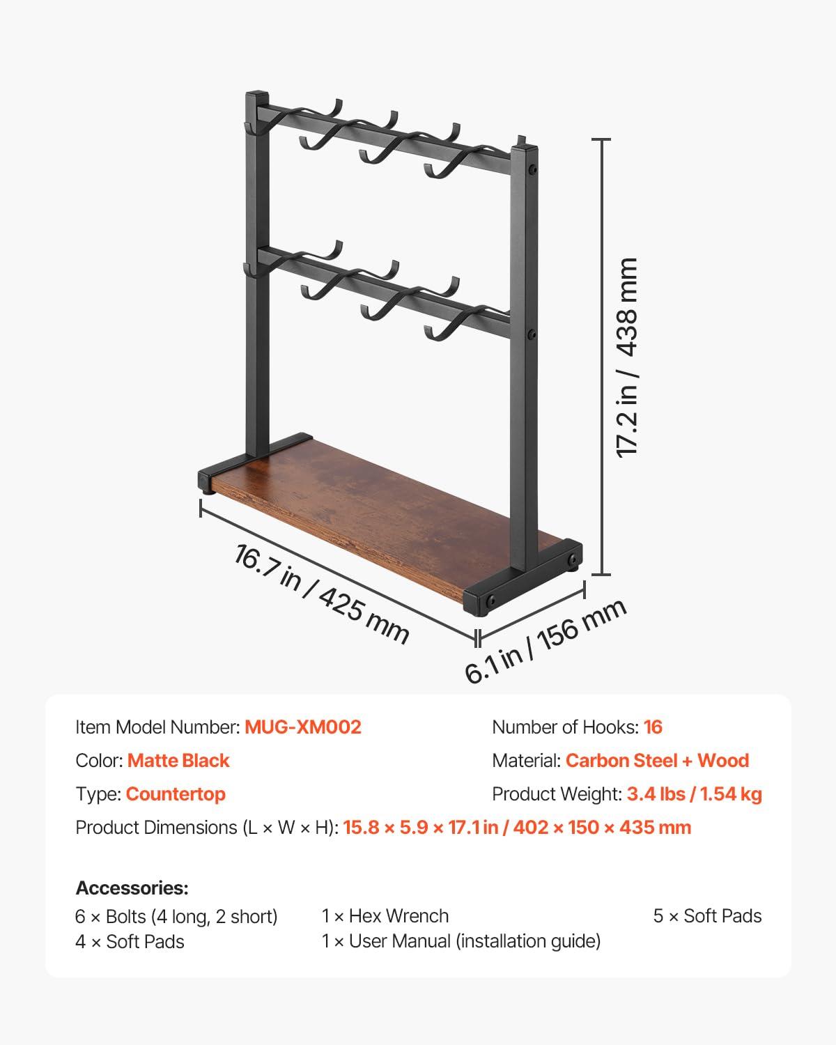 Coffee Mug Holder for Countertop, 16-Hooks Coffee Cup Holder with Storage Base, 2-Tier Mugs Tree Rack Carbon Steel