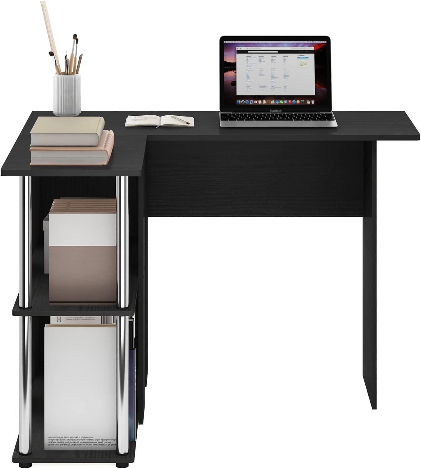 Furinno Abbott L-Shape Desk with Bookshelf, Americano, Stainless Steel Tubes