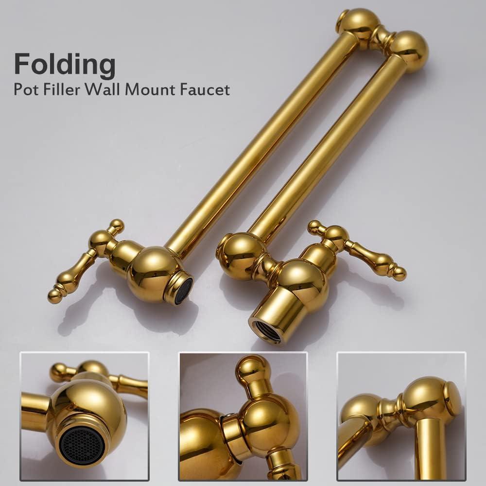 Pot Filler Faucet, Solid Brass Brushed Gold Single Cold Kitchen Faucet Wall Mounted Kitchen Pot Filler Faucet Double Joint Swing Arm Faucet