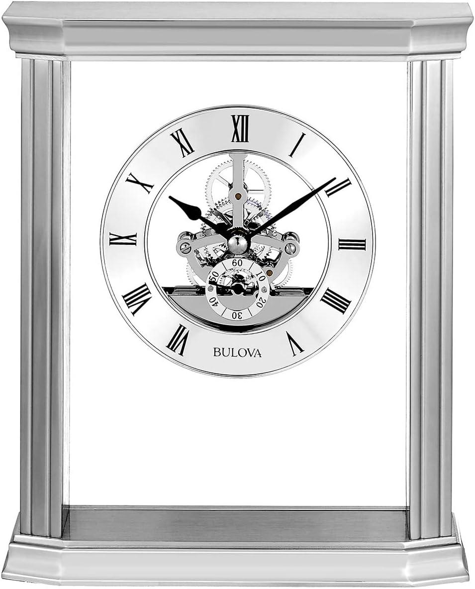 Bulova Roman Numeral Stainless Steel Quartz Movement / Crystal Tabletop Clock with Alarm in Silver