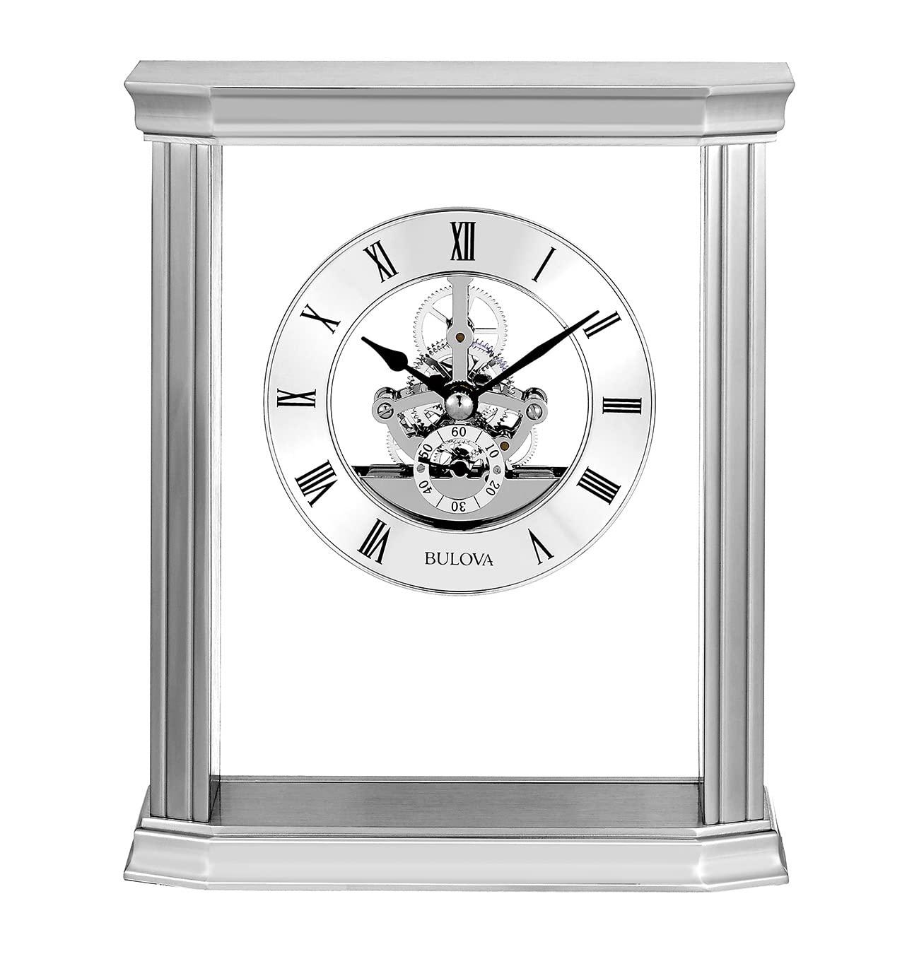 Bulova Roman Numeral Stainless Steel Quartz Movement / Crystal Tabletop Clock with Alarm in Silver
