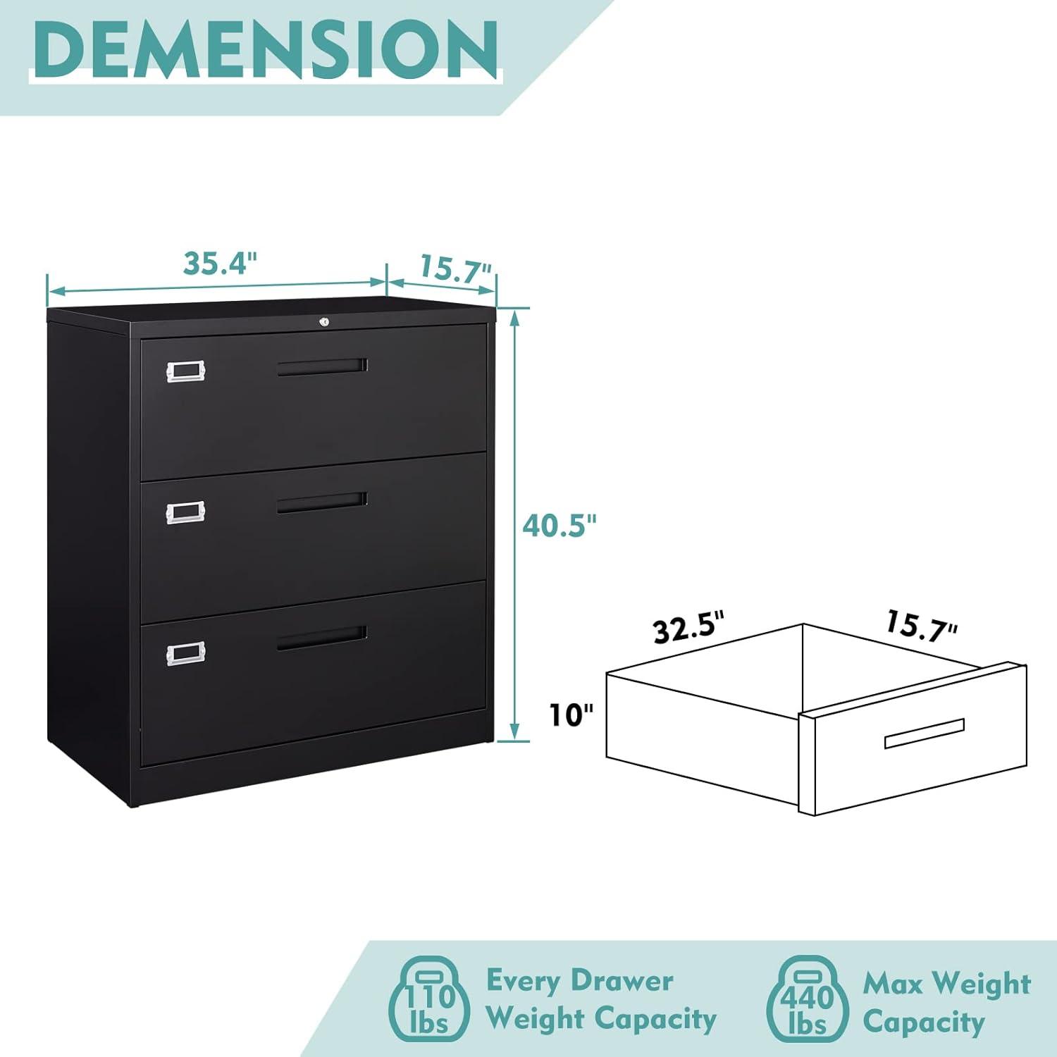 MIIIKO Lateral File Cabinet with Lock, 3 Drawer Lateral Filing Cabinet, Large Deep Drawers Locked by Keys, Metal Storage File Cabinet for Hanging Files Letter/Legal/F4/A4 Size
