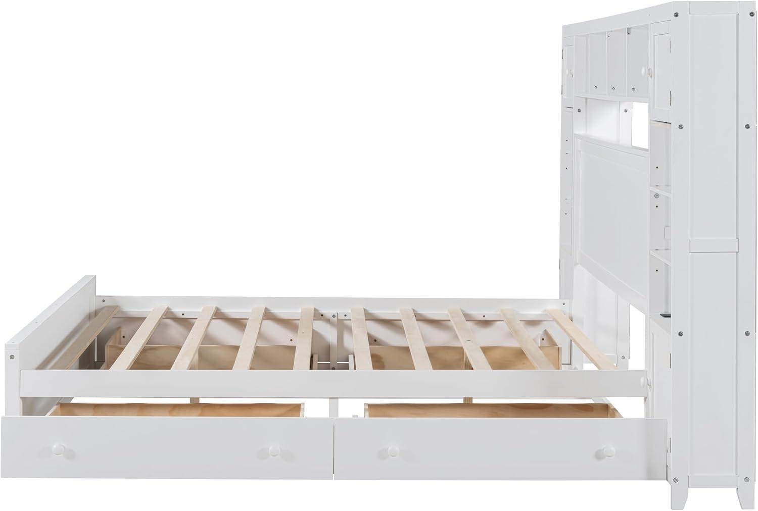 Merax Queen Size Platform Bed with 4 Drawers, Wooden Queen Bed with All-in-One Cabinet, Shelf and Sockets, White