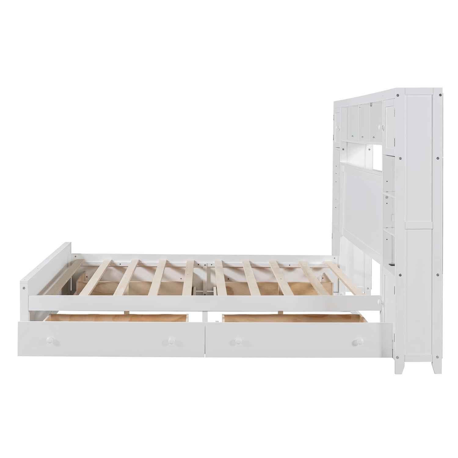 Merax Queen Size Platform Bed with 4 Drawers, Wooden Queen Bed with All-in-One Cabinet, Shelf and Sockets, White