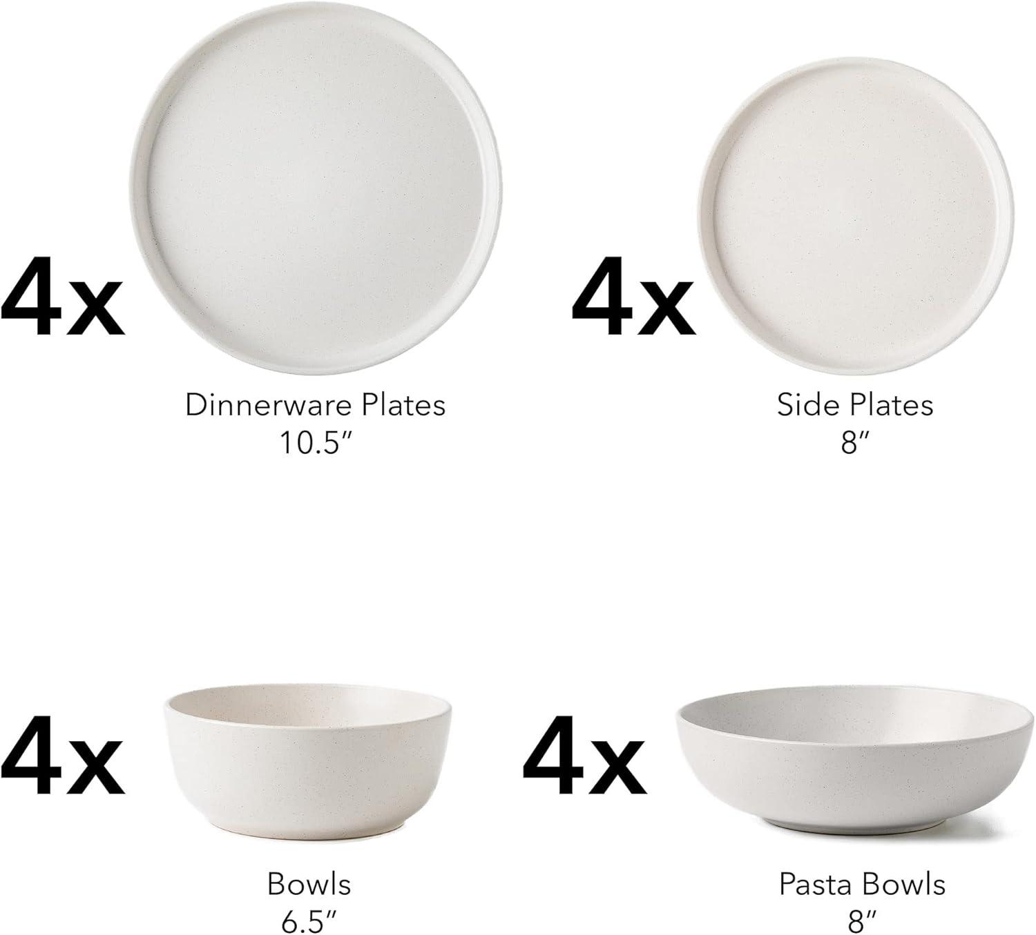 16-Piece White Ceramic Round Dinnerware Set with Double Bowls