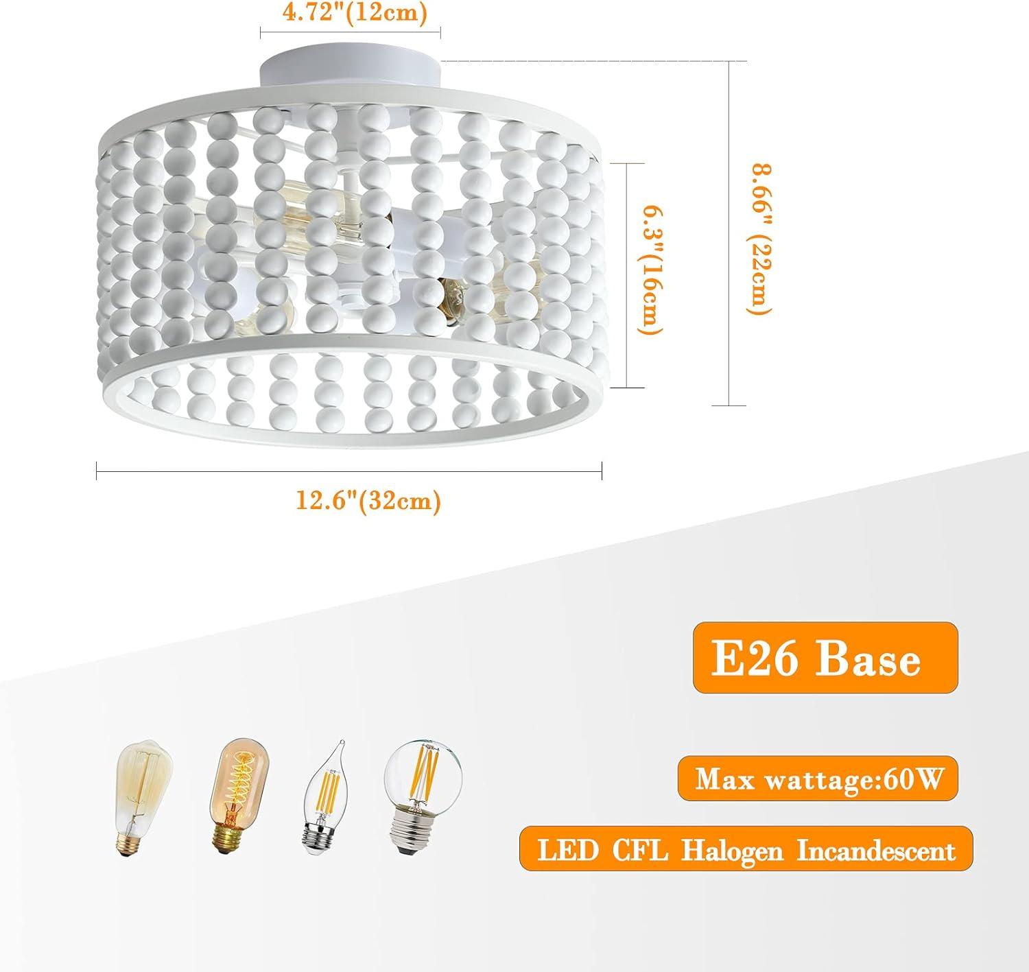 tewei Wood Bead Chandelier, Semi Flush Mount Boho Nursery Ceiling Light Fixture Rustic 3 Lights Chandelier Farmhouse E26 for Kitchen Bedroom Living Dining Room White