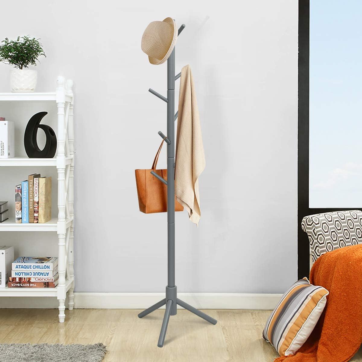 VASAGLE 8 Hooks Solid Wood Coat Rack Free Standing Coat Rack Tree-Shaped Coat Rack with for Clothes Hats Bags for Living Room Bedroom Grey