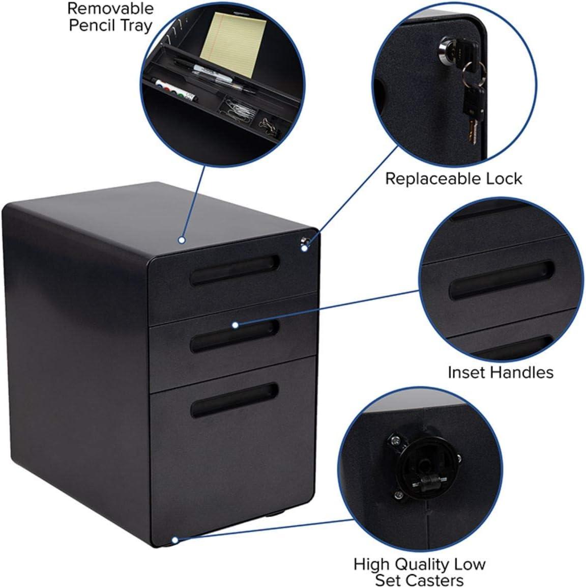 Flash Furniture Ergonomic 3-Drawer Mobile Locking Filing Cabinet with Anti-Tilt Mechanism and Hanging Drawer for Legal & Letter Files, Black